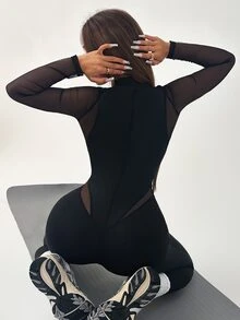 Core Rhythm 女士黑色网眼拼接运动连体衣 - 黑色 - 查看 4