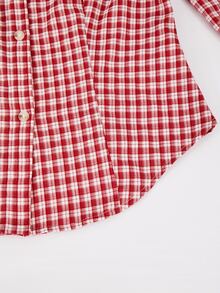 SHEIN 青少年女孩單件編織格紋襯衫，秋季上衣，翻領，前扣式開襟，長袖，喇叭袖，收腰設計 - 紅色 - 查看 8