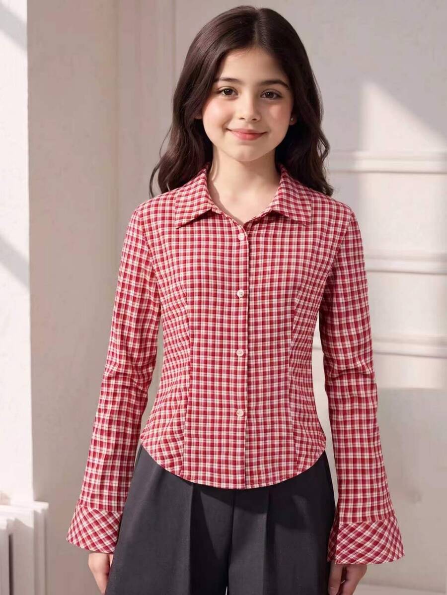 SHEIN 青少年女孩單件編織格紋襯衫，秋季上衣，翻領，前扣式開襟，長袖，喇叭袖，收腰設計
