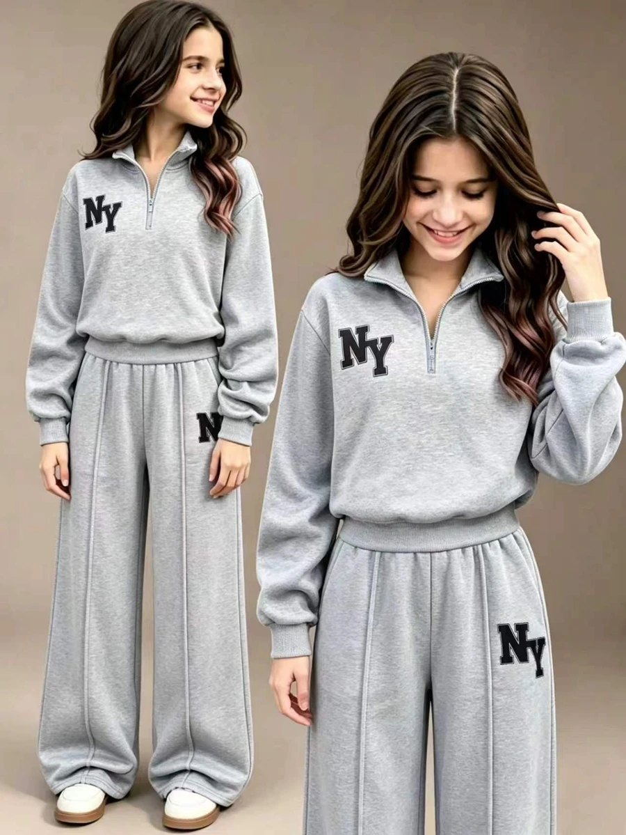 SHEIN Sparklyn Setelan Sweatshirt 2pcs untuk Anak Perempuan Remaja, Sweatshirt Tebal Reguler untuk Musim Semi/Gugur, Gaya Vintage, Kembali ke Sekolah, Longgar, Rajut, Kasual, Minimalis, Musim Gugur - Light Grey - View 1