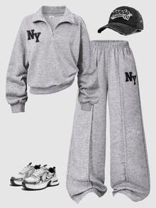 SHEIN Sparklyn Tween Girls 2pcs/Set Sweatshirt Set, Regular Thickness Spring/Autumn Sweatshirt Outfit, Vintage, Back To School, Loose, Knit, Casual, Minimalist, Fall - Light Grey - View 4