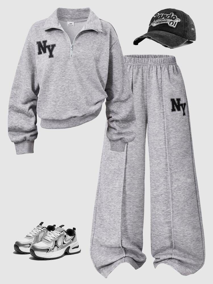 SHEIN Sparklyn Tween Girls 2pcs/Set Sweatshirt Set, Regular Thickness Spring/Autumn Sweatshirt Outfit, Vintage, Back To School, Loose, Knit, Casual, Minimalist, Fall - Light Grey - View 4