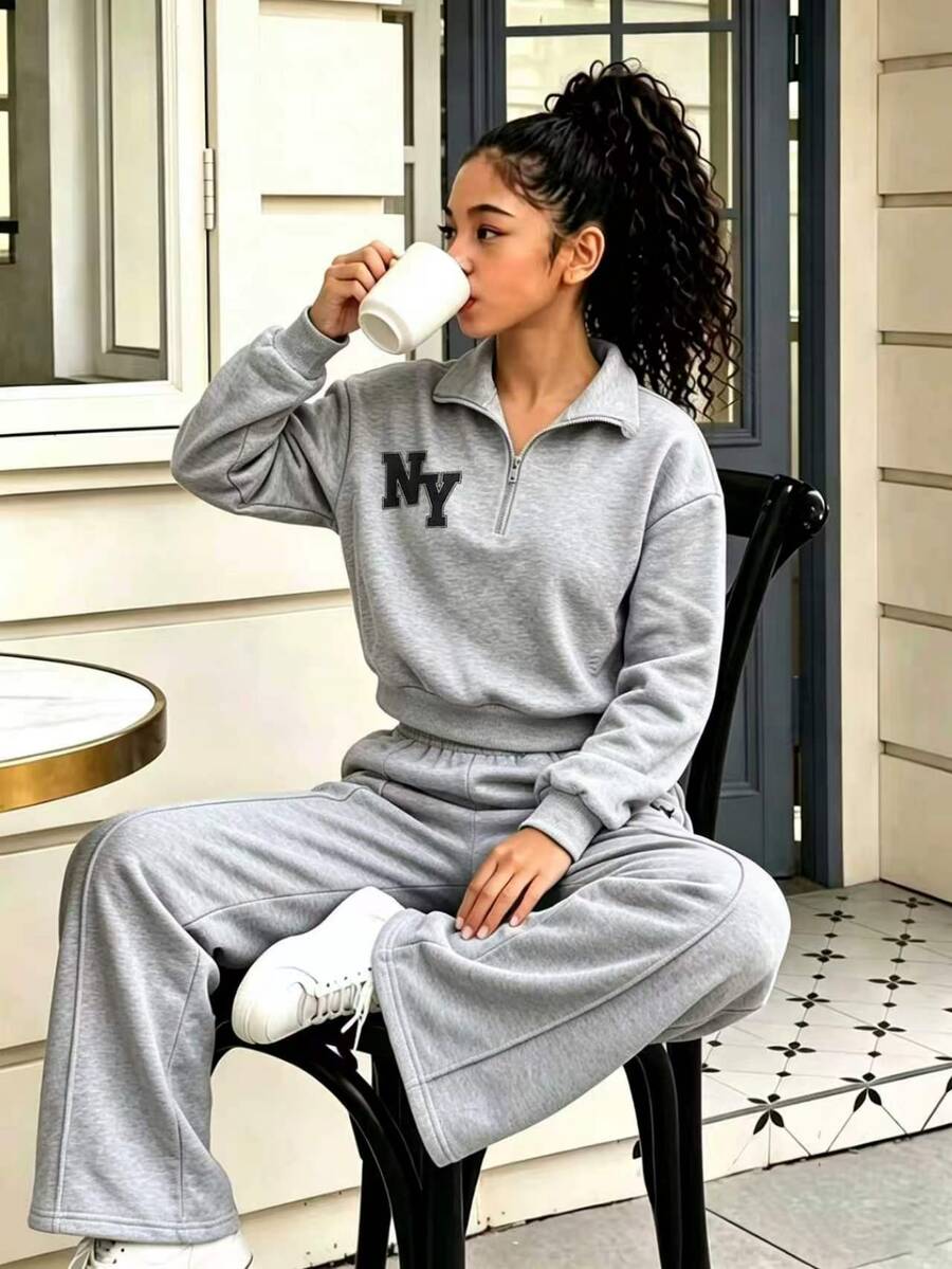 SHEIN Sparklyn Tween Girls 2pcs/Set Sweatshirt Set, Regular Thickness Spring/Autumn Sweatshirt Outfit, Vintage, Back To School, Loose, Knit, Casual, Minimalist, Fall - Light Grey - View 1