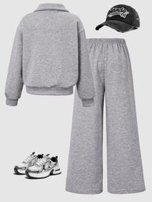 SHEIN Sparklyn Tween Girls 2pcs/Set Sweatshirt Set, Regular Thickness Spring/Autumn Sweatshirt Outfit, Vintage, Back To School, Loose, Knit, Casual, Minimalist, Fall - Light Grey - View 2