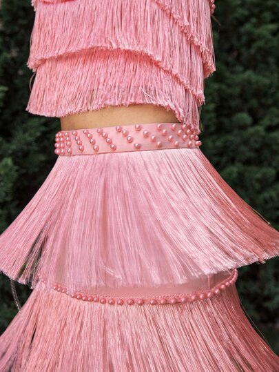 VOLUPTÉ CURVE Women's Spring/Summer Pink Beaded Spaghetti Strap Top & Fringe Maxi Skirt Two Pieces Set, Elegant Luxury Party Vacation Wedding Guest Outfit