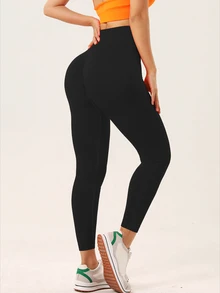 SHEIN Core Rhythm Women's Solid Color Casual Versatile Sports Tight Fitting Leggings - Black - View 5