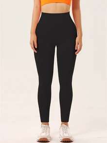 SHEIN Core Rhythm Women's Solid Color Casual Versatile Sports Tight Fitting Leggings - Black - View 2