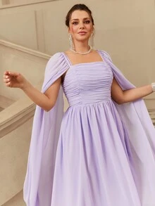VOLUPTÉ CURVE Plus Size Women's Spring/Summer Purple Dress Chiffon Square Neck Ruched, Elegant Banquet Birthday Party Wedding Guest Dress Women - Purple - View 5