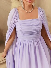 VOLUPTÉ CURVE Plus Size Women's Spring/Summer Purple Dress Chiffon Square Neck Ruched, Elegant Banquet Birthday Party Wedding Guest Dress Women - Purple - View 4