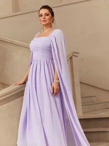 VOLUPTÉ CURVE Plus Size Women's Spring/Summer Purple Dress Chiffon Square Neck Ruched, Elegant Banquet Birthday Party Wedding Guest Dress Women - Purple - View 3