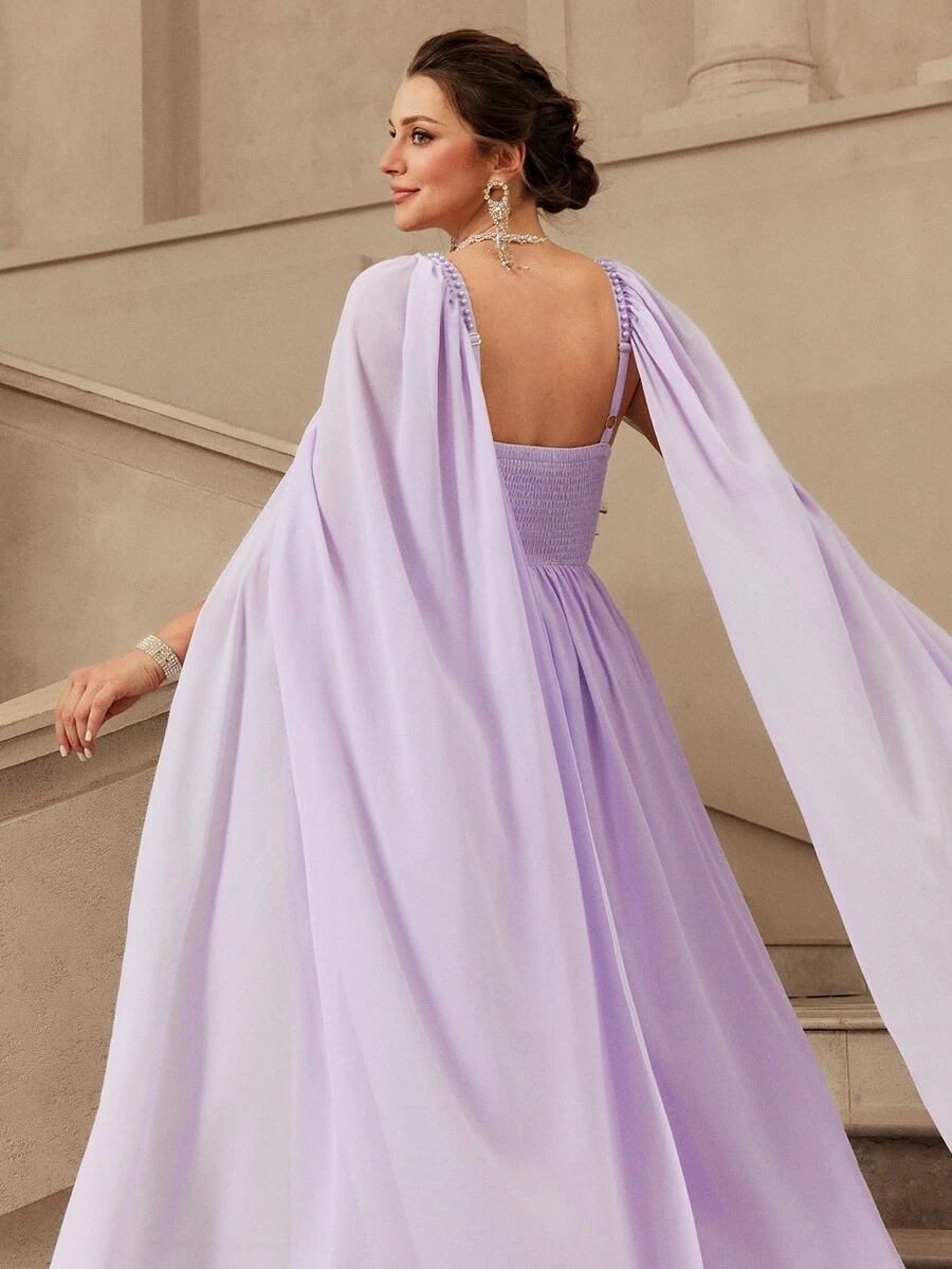 VOLUPTÉ CURVE Plus Size Women's Spring/Summer Purple Dress Chiffon Square Neck Ruched, Elegant Banquet Birthday Party Wedding Guest Dress Women