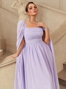 VOLUPTÉ CURVE Plus Size Women's Spring/Summer Purple Dress Chiffon Square Neck Ruched, Elegant Banquet Birthday Party Wedding Guest Dress Women - Purple - View 8