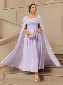 VOLUPTÉ CURVE Plus Size Women's Spring/Summer Purple Dress Chiffon Square Neck Ruched, Elegant Banquet Birthday Party Wedding Guest Dress Women - Purple - View 7