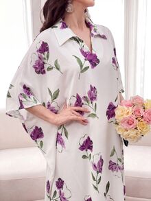 Al Najma Collared Printed Multicolor Loose Short Sleeve Dress Holiday Floral Dress Autumn Modest White - Multicolor - View 3
