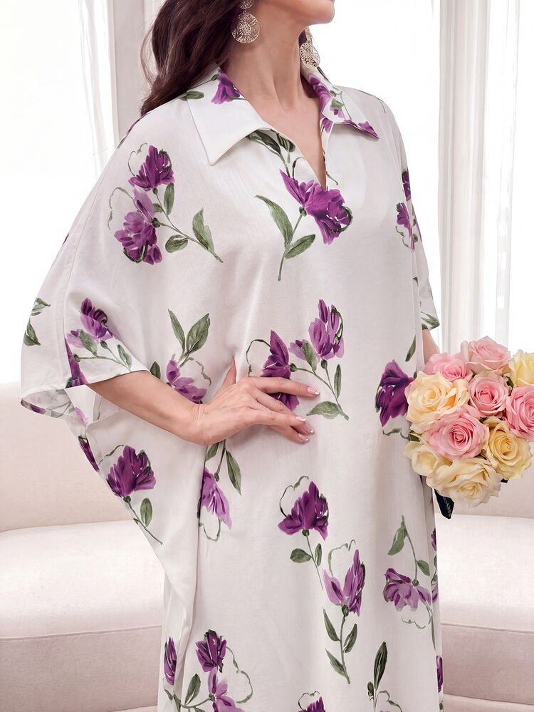 Al Najma Collared Printed Multicolor Loose Short Sleeve Dress Holiday Floral Dress Autumn Modest White - Multicolor - View 2