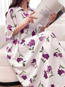 Al Najma Collared Printed Multicolor Loose Short Sleeve Dress Holiday Floral Dress Autumn Modest White - Multicolor - View 6