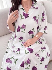 Al Najma Collared Printed Multicolor Loose Short Sleeve Dress Holiday Floral Dress Autumn Modest White - Multicolor - View 5