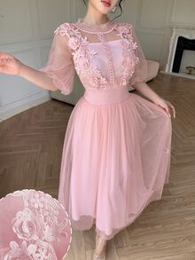 Modelyn Vestido elegante de dama con diseño de primavera/verano, patchwork floral 3D, transparente, cuello alto, mangas abullonadas, cintura definida, efecto adelgazante, estilo hada para cita - Rosa - Ver 8