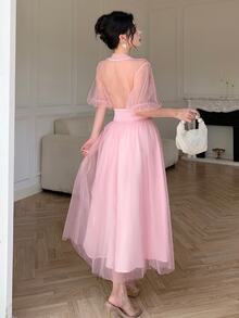 Modelyn Vestido elegante de dama con diseño de primavera/verano, patchwork floral 3D, transparente, cuello alto, mangas abullonadas, cintura definida, efecto adelgazante, estilo hada para cita - Rosa - Ver 6