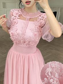 Modelyn Vestido elegante de dama con diseño de primavera/verano, patchwork floral 3D, transparente, cuello alto, mangas abullonadas, cintura definida, efecto adelgazante, estilo hada para cita - Rosa - Ver 3