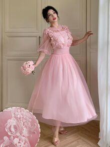 Modelyn Vestido elegante de dama con diseño de primavera/verano, patchwork floral 3D, transparente, cuello alto, mangas abullonadas, cintura definida, efecto adelgazante, estilo hada para cita - Rosa - Ver 5
