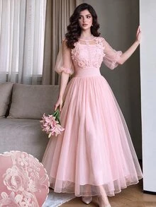 Modelyn Vestido elegante de dama con diseño de primavera/verano, patchwork floral 3D, transparente, cuello alto, mangas abullonadas, cintura definida, efecto adelgazante, estilo hada para cita - Rosa - Ver 2