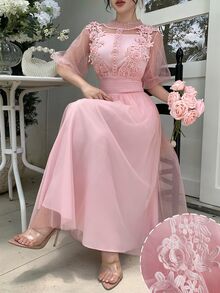 Modelyn Vestido elegante de dama con diseño de primavera/verano, patchwork floral 3D, transparente, cuello alto, mangas abullonadas, cintura definida, efecto adelgazante, estilo hada para cita - Rosa - Ver 9