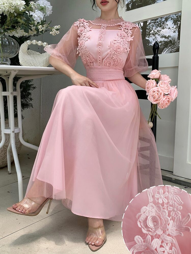 Modelyn 春夏設計感 3D 花朵拼接透視立領泡泡袖收腰顯瘦優雅女士仙女約會洋裝 - 粉色 - 查看 8