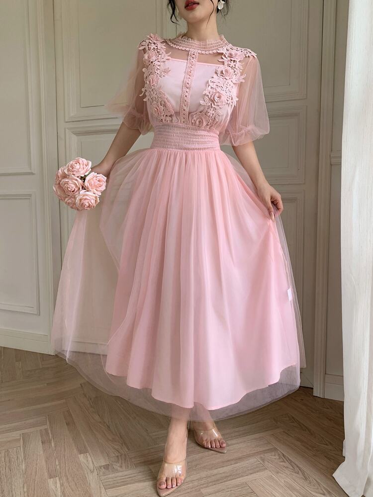 Modelyn 春夏設計感 3D 花朵拼接透視立領泡泡袖收腰顯瘦優雅女士仙女約會洋裝 - 粉色 - 查看 6