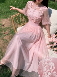 Modelyn Vestido elegante de dama con diseño de primavera/verano, patchwork floral 3D, transparente, cuello alto, mangas abullonadas, cintura definida, efecto adelgazante, estilo hada para cita - Rosa - Ver 4