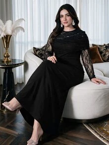 Modelyn Gaun Midi Renda Hitam Ukuran Besar Lengan Panjang Gaun Pesta Malam Elegan dan Sopan Gaun Koktail Formal Musim Gugur untuk Wanita - Hitam - View 2