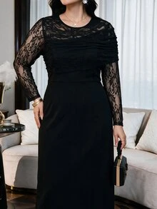 Modelyn Gaun Midi Renda Hitam Ukuran Besar Lengan Panjang Gaun Pesta Malam Elegan dan Sopan Gaun Koktail Formal Musim Gugur untuk Wanita - Hitam - View 7