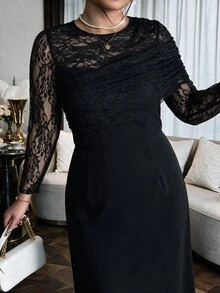 Modelyn Gaun Midi Renda Hitam Ukuran Besar Lengan Panjang Gaun Pesta Malam Elegan dan Sopan Gaun Koktail Formal Musim Gugur untuk Wanita - Hitam - View 4