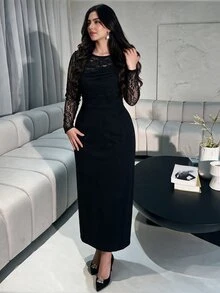 Modelyn Gaun Midi Renda Hitam Ukuran Besar Lengan Panjang Gaun Pesta Malam Elegan dan Sopan Gaun Koktail Formal Musim Gugur untuk Wanita - Hitam - View 6