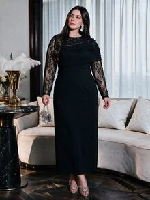Modelyn Gaun Midi Renda Hitam Ukuran Besar Lengan Panjang Gaun Pesta Malam Elegan dan Sopan Gaun Koktail Formal Musim Gugur untuk Wanita - Hitam - View 9