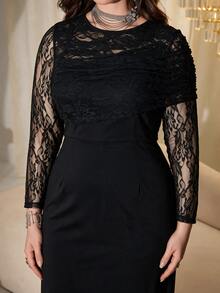 Modelyn Gaun Midi Renda Hitam Ukuran Besar Lengan Panjang Gaun Pesta Malam Elegan dan Sopan Gaun Koktail Formal Musim Gugur untuk Wanita - Hitam - View 5