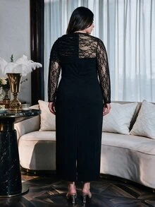Modelyn Gaun Midi Renda Hitam Ukuran Besar Lengan Panjang Gaun Pesta Malam Elegan dan Sopan Gaun Koktail Formal Musim Gugur untuk Wanita - Hitam - View 3