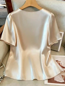 GlowEve CURVE Plus Size Solid Color Pleated Fashion Versatile Daily Casual Short Sleeve Shirt - Apricot - View 2