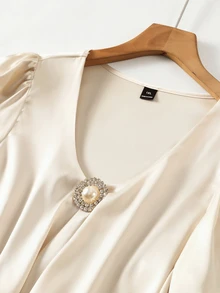 GlowEve CURVE Plus Size Solid Color Pleated Fashion Versatile Daily Casual Short Sleeve Shirt - Apricot - View 5