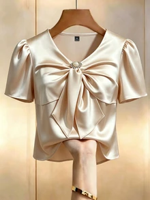 GlowEve CURVE Plus Size Solid Color Pleated Fashion Versatile Daily Casual Short Sleeve Shirt - Apricot - View 3