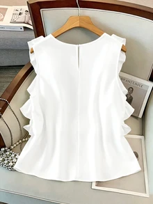 GlowEve CURVE Plus Size Women's Solid Color Ruffle Waist Tie Fashion Shirt - White - View 2