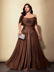 Viva Relle Plus Size Coffee Color Lace Patchwork Cold Shoulder Spaghetti Strap Dress With Side Ruched Waist, Evening Party Dress - Brown - View 3