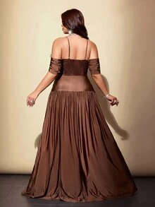 Viva Relle Plus Size Coffee Color Lace Patchwork Cold Shoulder Spaghetti Strap Dress With Side Ruched Waist, Evening Party Dress - Brown - View 4