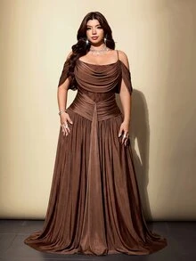 Viva Relle Plus Size Coffee Color Lace Patchwork Cold Shoulder Spaghetti Strap Dress With Side Ruched Waist, Evening Party Dress - Brown - View 6