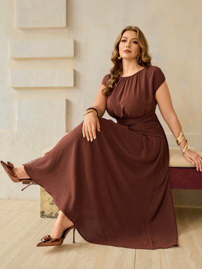Roveilla Nuevo vestido de moda elegante para mujer talla grande, color marrón, cuello redondo, manga corta, cintura cruzada y falda acampanada