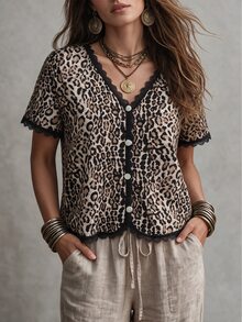 Ceyna 大尺碼女款法式休閒性感優雅豹紋短袖T恤，棕色夏季約會之夜早午餐穿搭 - 彩色 - 查看 4