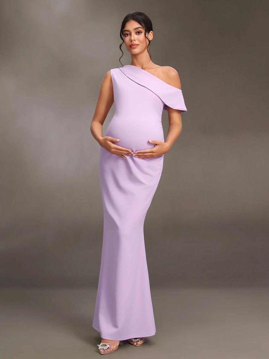 Cheriluna Maternity 優雅性感粉紫色不對稱領口高開衩魚尾修身孕婦禮服,適合派對拍照、生日宴會、攝影棚秋季穿著 - 紫色 - 查看 1