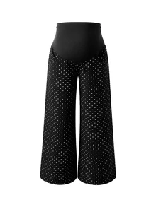 Momance Celana Jeans Denim Hamil Motif Polkadot dengan Kantong, Potongan Longgar dan Lebar - Hitam - View 4