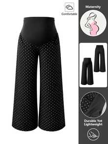 Momance Celana Jeans Denim Hamil Motif Polkadot dengan Kantong, Potongan Longgar dan Lebar - Hitam - View 8