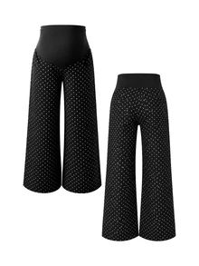 Momance Celana Jeans Denim Hamil Motif Polkadot dengan Kantong, Potongan Longgar dan Lebar - Hitam - View 2